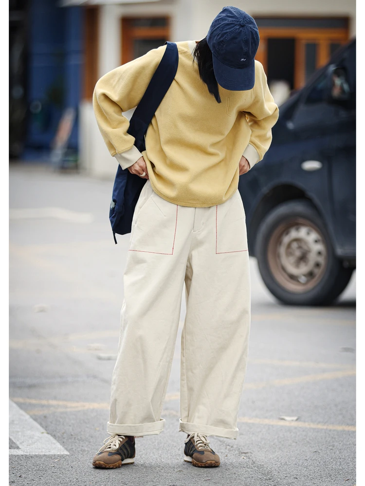 

Autumn Winter Loose Straight Leg Casual Pants Women's Cotton Embroidered Wide Leg Pants Comfortable Loose Fit Casual Trousers