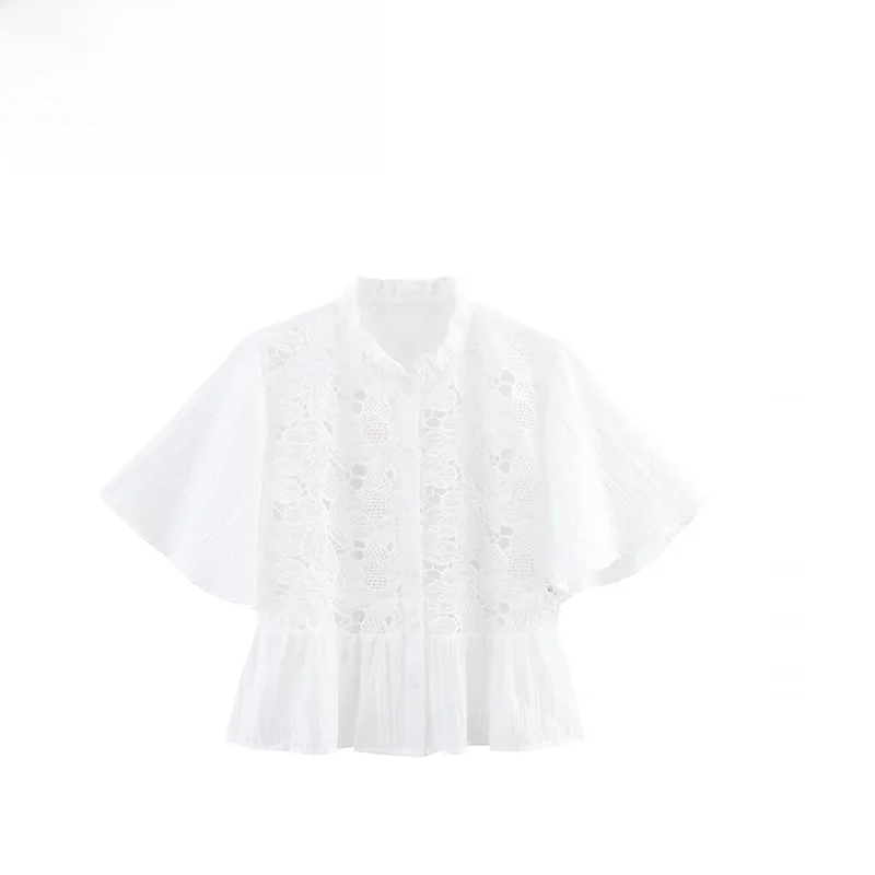 

ZBZA Spring New Women's Faion Sweet Sle Lace Collar irt ort Sve Straight Cut Polyester Fiber Single Button Closure