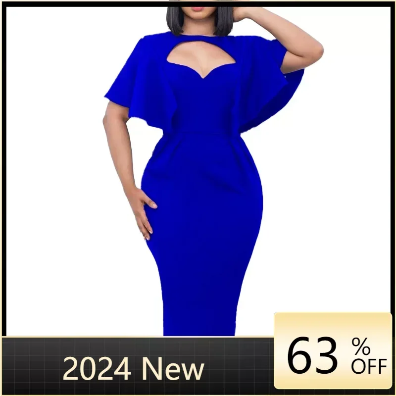 

Summer Ruffle Mid Dress Women Casual Sexy Solid Hollow Out Ruched Short Sleeve O Neck Pleated High Waist Pencil Work Club Dress