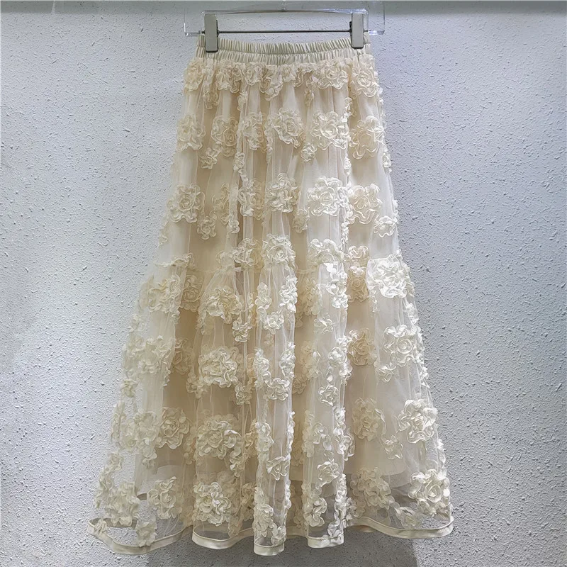 

Women's 3D Flowers Mesh Skirts Summer 2025 Solid A-line Vintage Jacquard High Street Fashion Elegant Evening Party Long Skirt