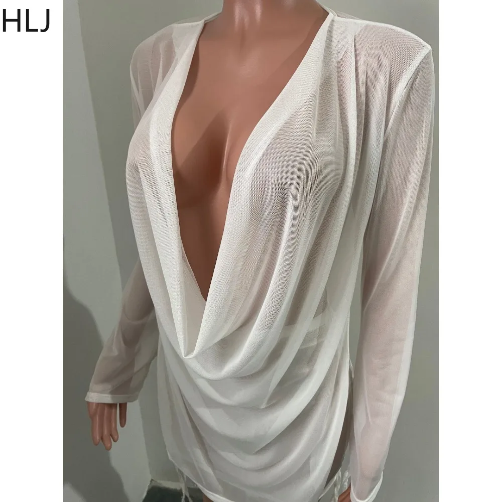 HLJ Fashion Mesh Perspective Bandage Drawstring Two Piece Sets Women Deep V Long Sleeve Backless Tops And Mini Skirts Outfits