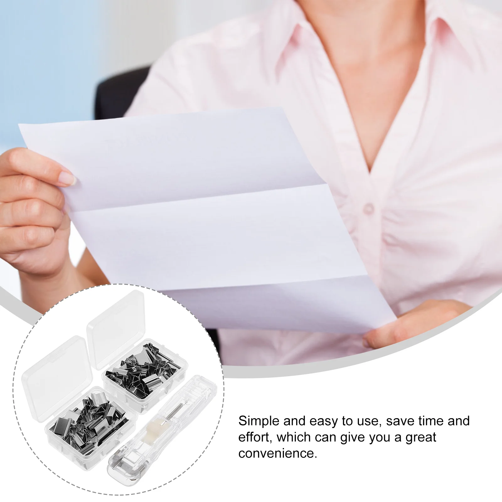 Reusable Clamp Stapler Compact Needleless Book Binding Materials Fastener Clip Dispenser Metal Office