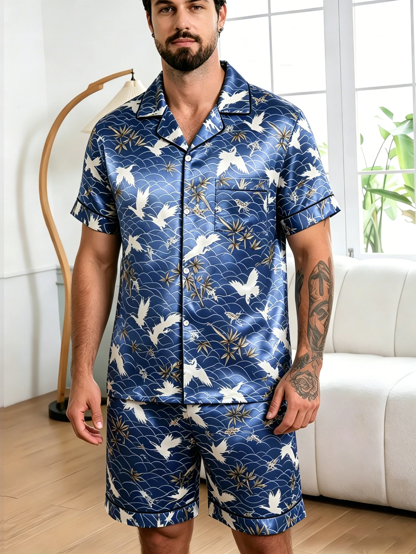Cartoon Plaid Printed Pajamas for Men Short Sleeve Pajama Set Soft Comfortable Sleepwear Summer Lightweight Homewear Lougewear