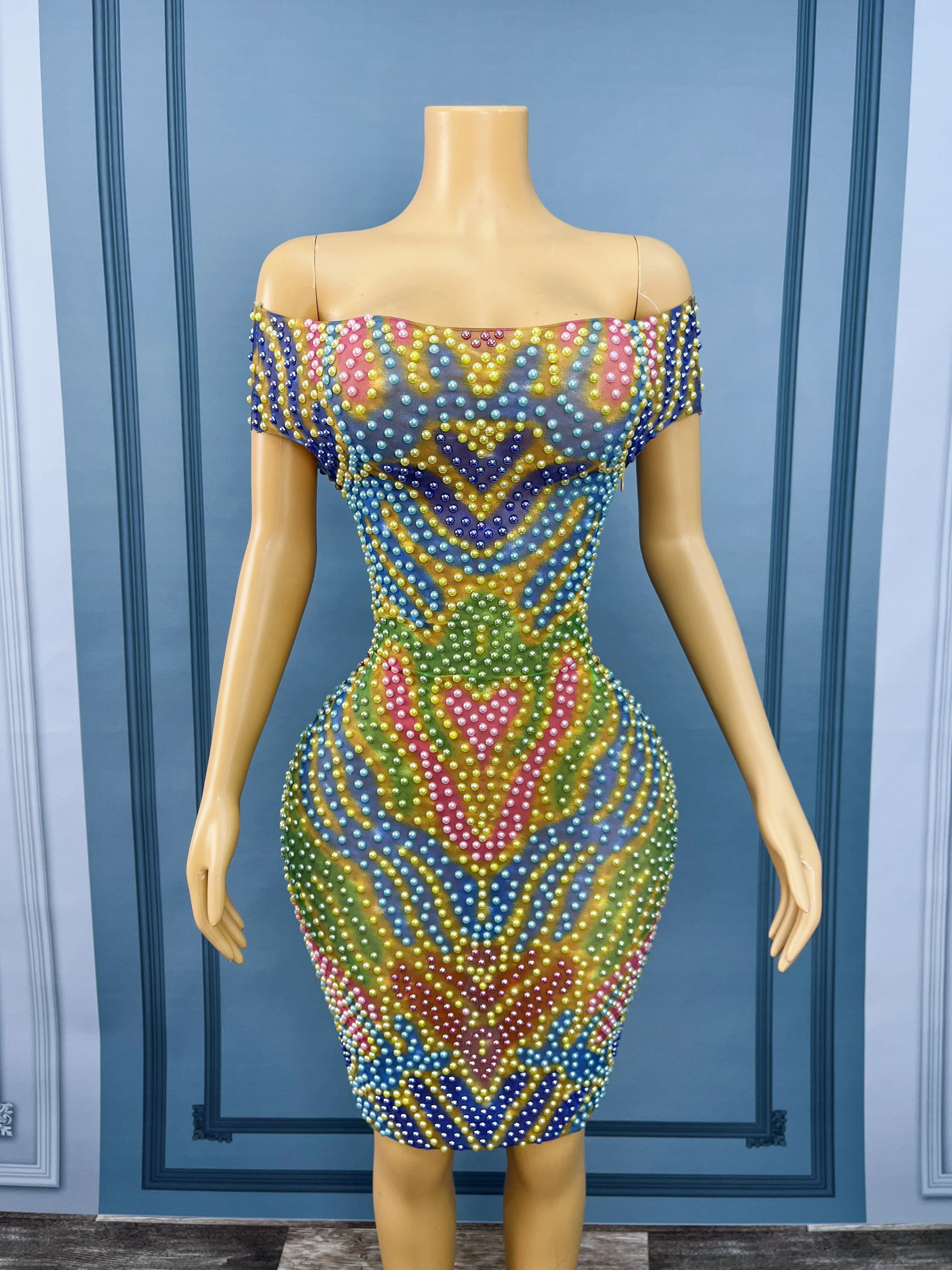 패션 다채로운 라인 석 메쉬 튜브 드레스 여성 생일 파티 축하 의상 공연 의상 huancai