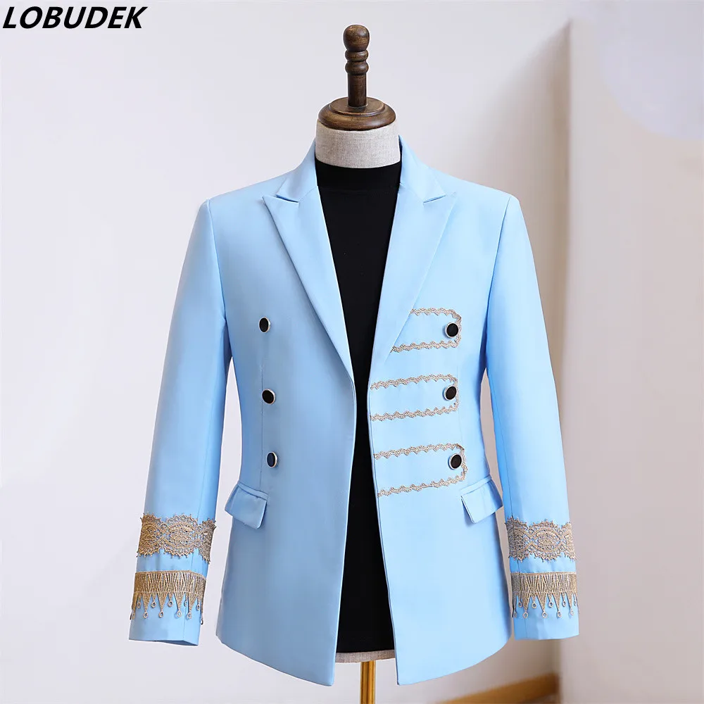 

Bar Male Singer Stage Performance Court Blazer Sky Blue Double Breasted Embroidery Decal Slim Tuxedo Banquet Host Suit Jackets