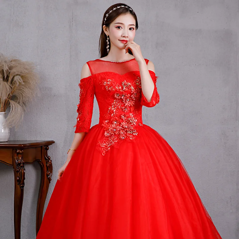 Customized Red Quinceanera Dresses Elegant Puffy Prom Dress With Sleeve Sweet Lace Applique Beading Vestido De Debutante