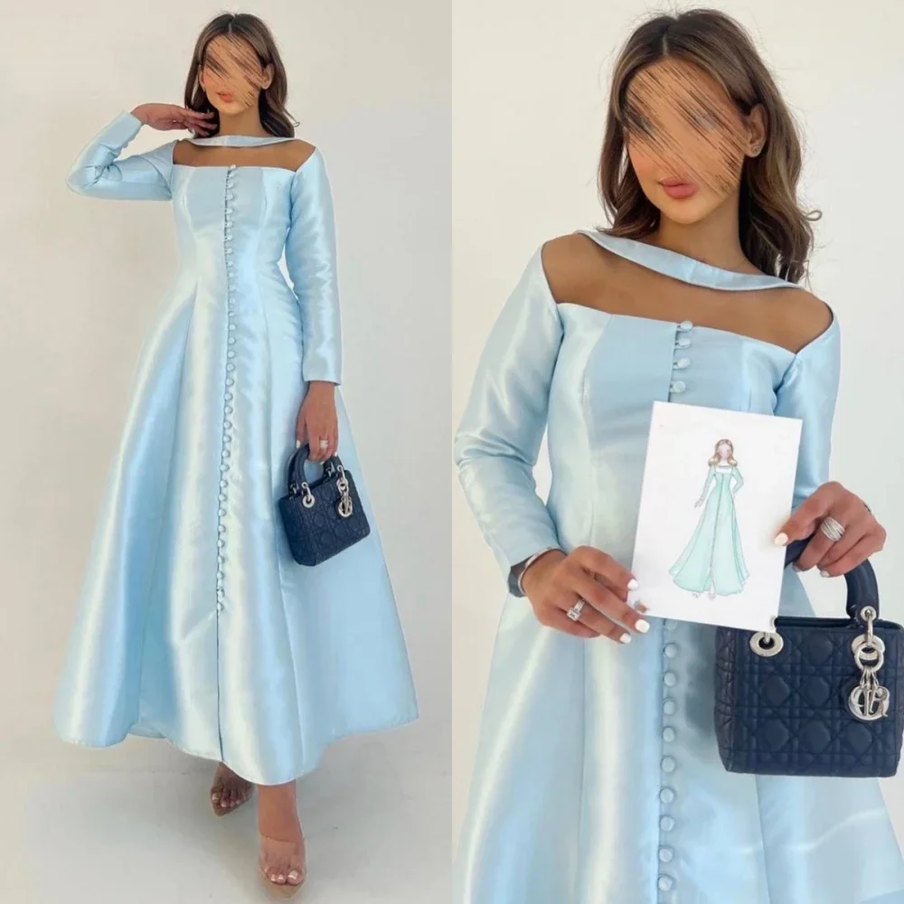 

Jiayigong Fashion Boat Neck Empire Party Dress Simple Ankle Length Long Sleeve Button Formal Evening Gowns جديد في فساتين