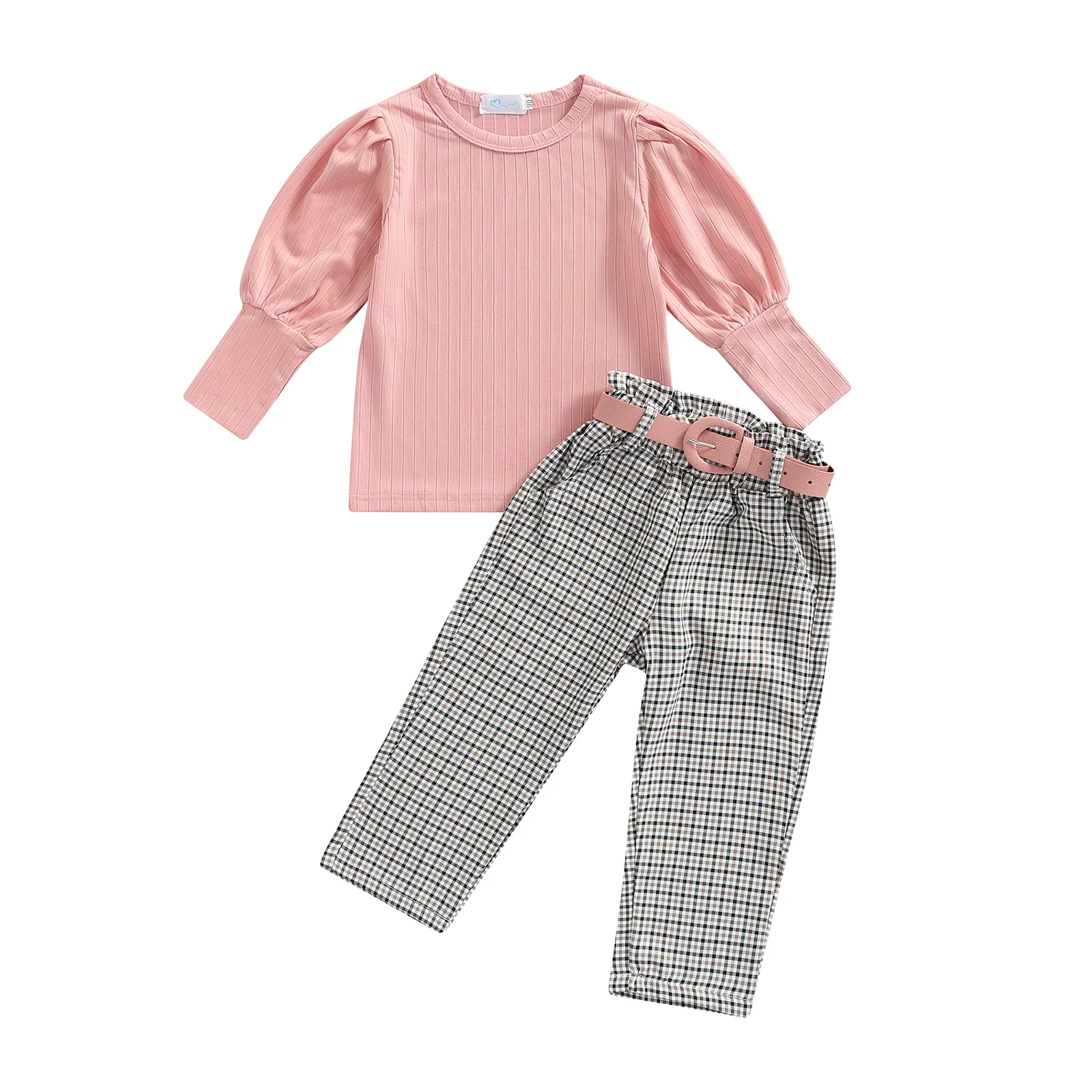 Toddler Kids Baby Girls 3 Pieces Outfits, Solid Color Ribbed Round Neck Long Sleeve Tops + Plaid Long Pants + Belt Set 1-6T