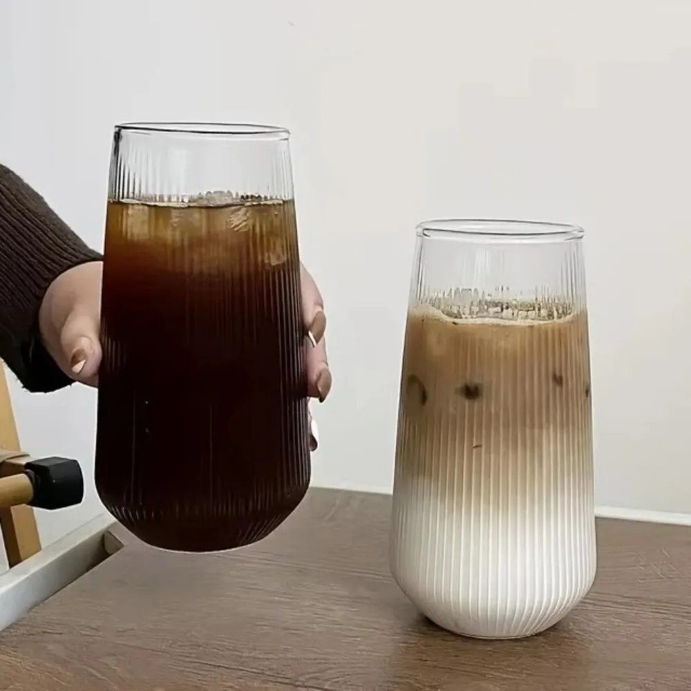 Tea Mug Heat-Resistant Ribbed Glass Cups Vertical Stripes Clear Juice Cup Minimalist Coffee Glass Camping