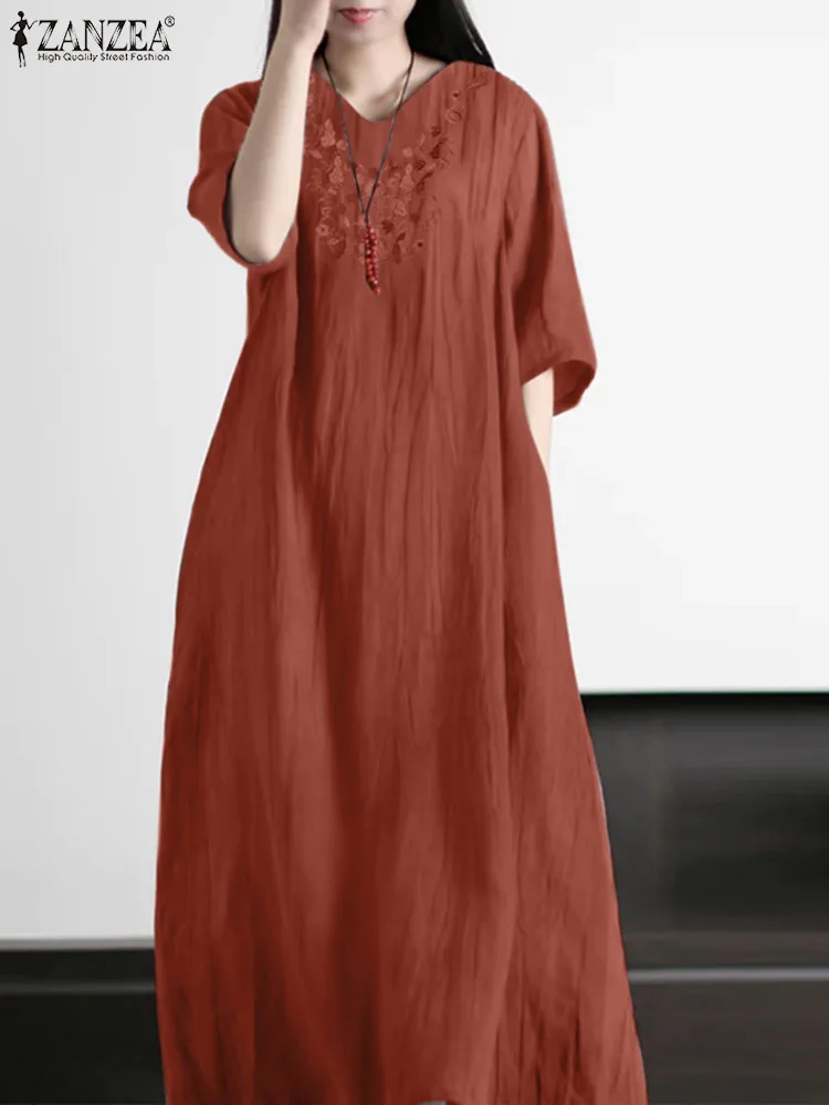 2024 ZANZEA Summer Vintage Embroidery Floral Dress Women O Neck 3/4 Sleeve Loose Casual Sundress Oversize Bohemian Vestido Robes