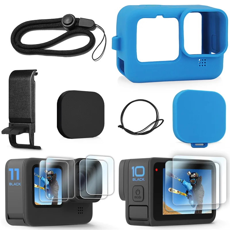 Capa de silicone para GoPro Hero, Tampa Lateral de Bateria Preta, Tampa de Lente e Cordão, Kit Acessório Azul, 12, 11, 10, 9