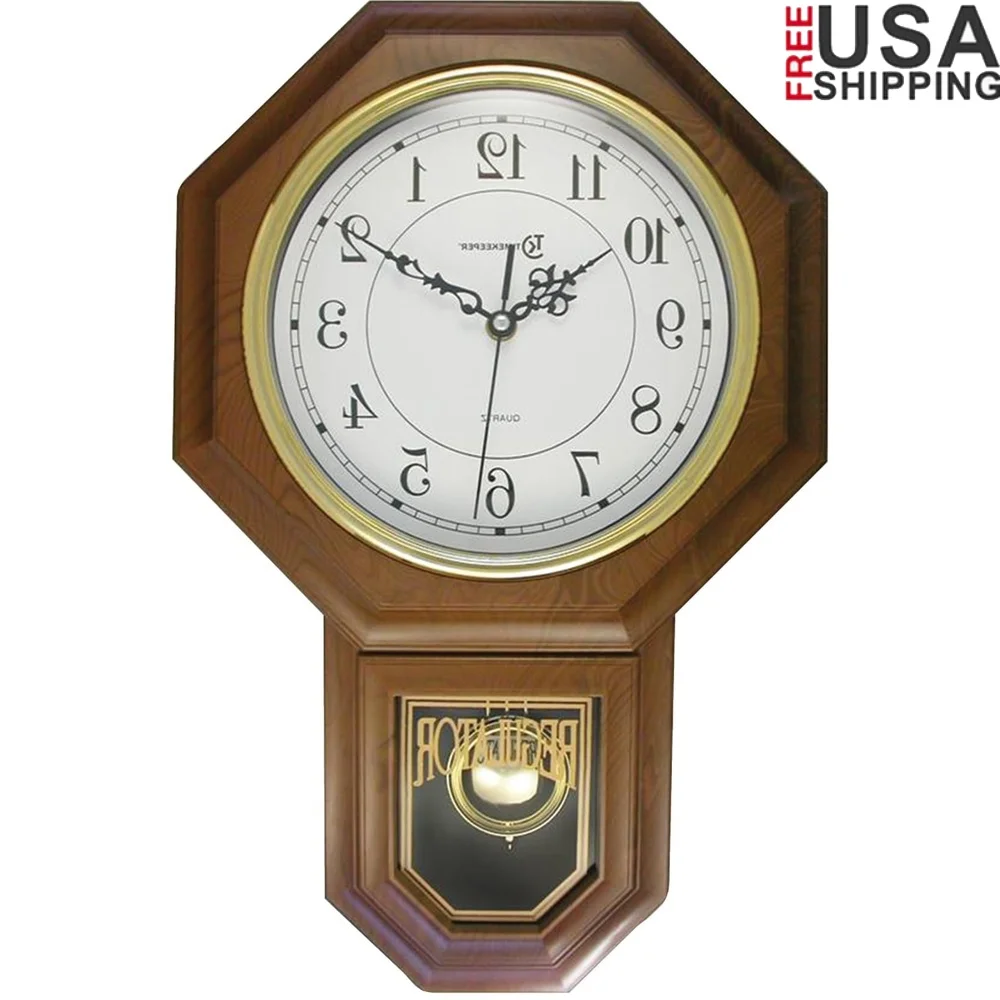 

Modern Pendulum Wall Clock Faux Wood Westminster Chime Hourly Chimes Glass Lens Battery Operated Home Office Decor 180WAGM