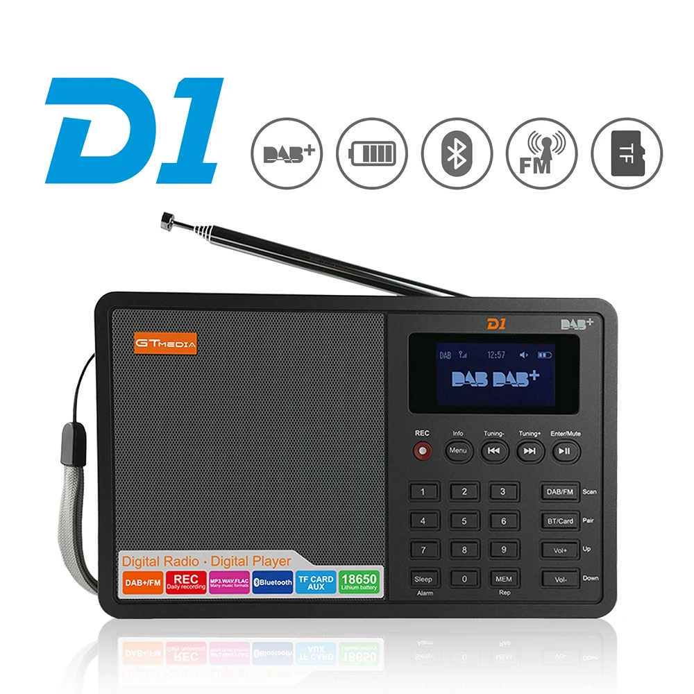 

GTMEDIA D1 DAB/FM Portable Radio Support BT\TF card digital player Support Clock/Alarm/Sleep Timer with time backup AUX input