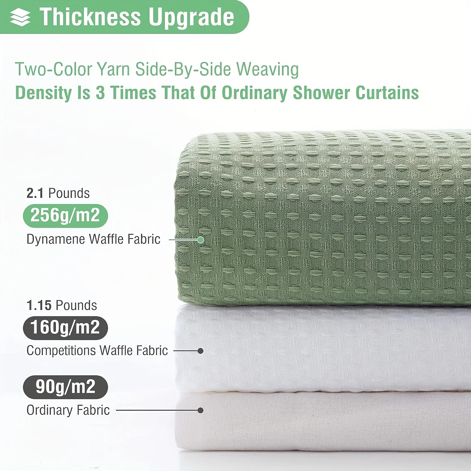 Green Shower Curtain-Waffle Textured Heavy Duty Thick Fabric Shower Curtains ,Luxury Weighted Polyester Cloth Bath Curtain Set .