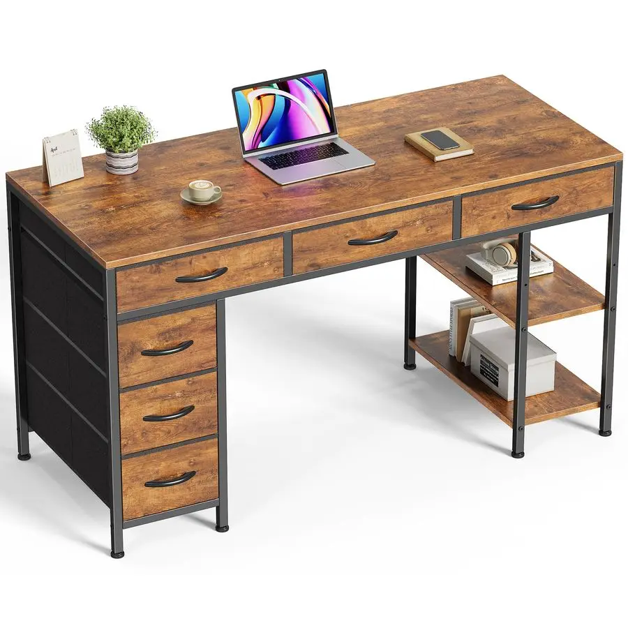 Computer Desk with 6 Drawers, 47 Inch Office Desk with Shelves, Reversible Gaming Desk, Corner Desk with Storage, W Customizable