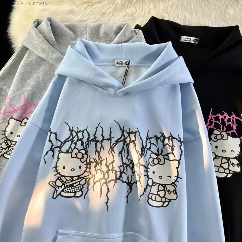 Sanrio Hello Kitty Hooded Pullover Hoodie Female AutumnWinter College Campus Style 90s Vintage Sweatshirt 2000s Hip Hop Goth Top