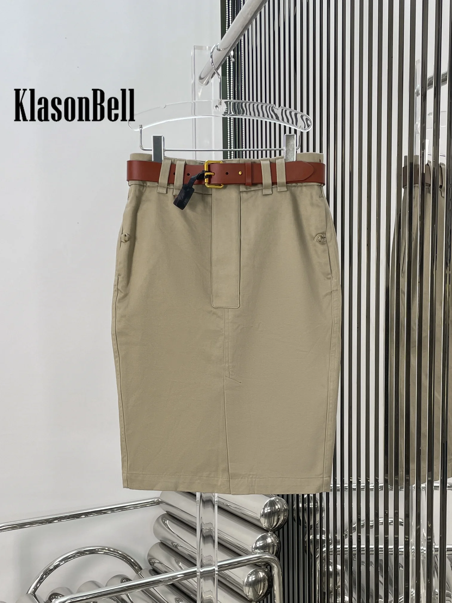 7.5 KlasonBell Genuine Leather Belt Decorative Cotton Women\'s Skirt Y2k Vintage Washed Simple Commuter Peplum Straight Skirt