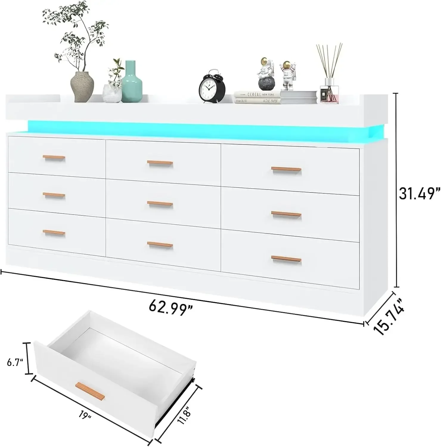 9 Drawer Dresser with LED Light and Charging Station, Modern Chest of Drawers for Closet, Wide Drawer Organizer Cabinet