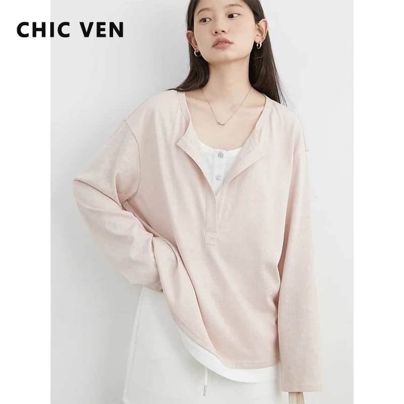 

CHIC VEN новые женские футболки пуловеры свободные повседневные контрастные трикотажные футболки с длинными рукавами женские топы весна осень 2023 одежда