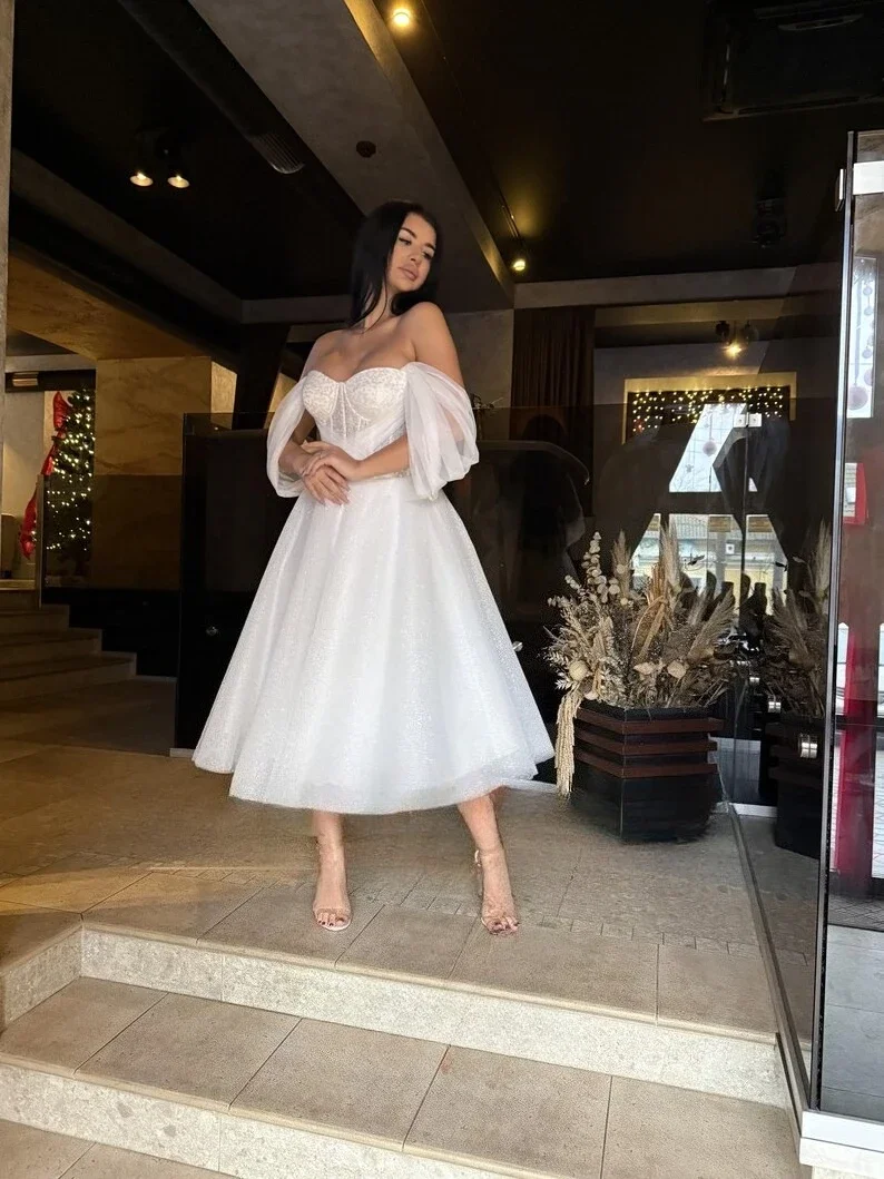 Vestido de novia con corsé Elopement, vestidos de novia largos hasta el té, vestido de despedida de soltera corto y brillante, vestido de novia sencillo