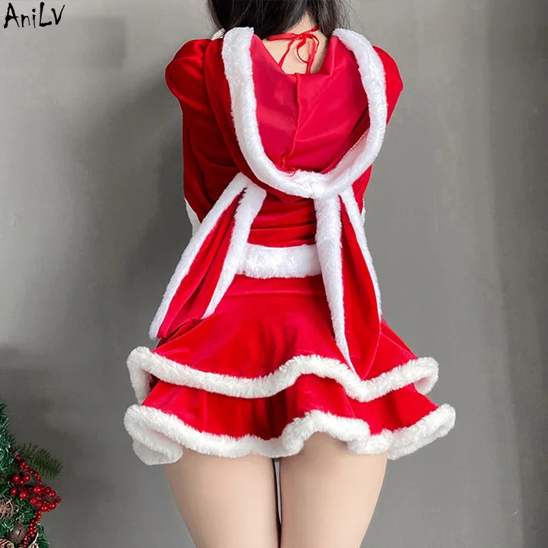 AniLV Cute Bunny Santa Claus Uniform Cosplay Christmas Look Women Magic Outfits Top Skirt Gloves Costumes