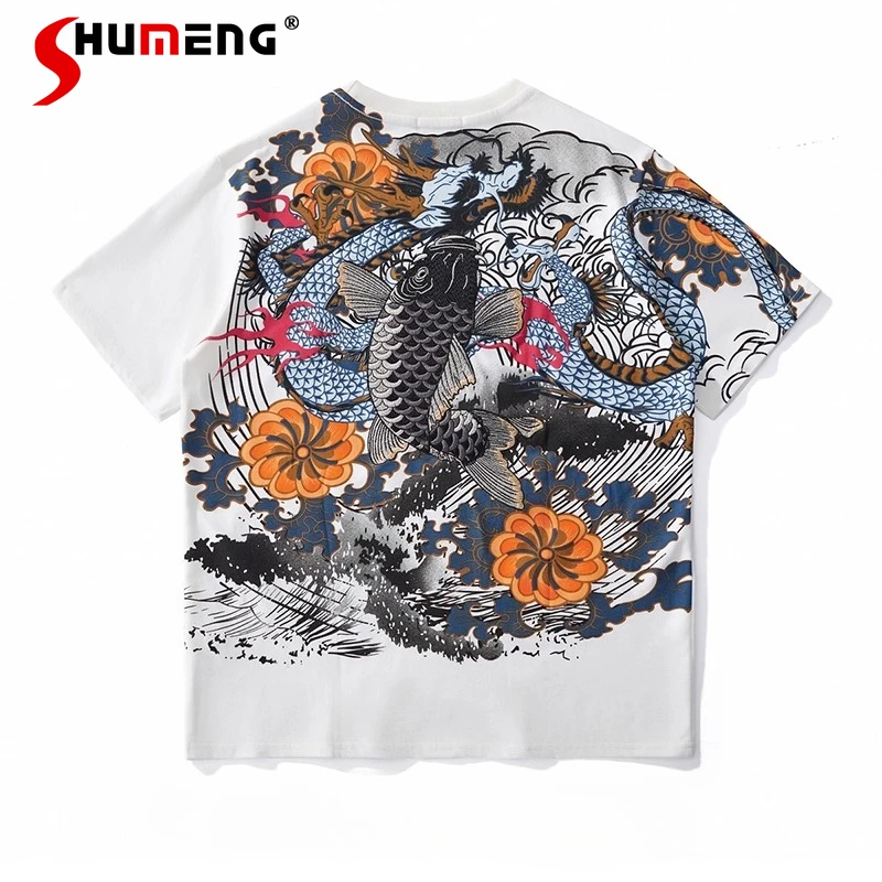 

Men's 2025 Summer New Trendy Personalized Cotton Tops Short Sleeve Round Neck Fish Printing Embroidery T-Shirts Men's Chic Tees