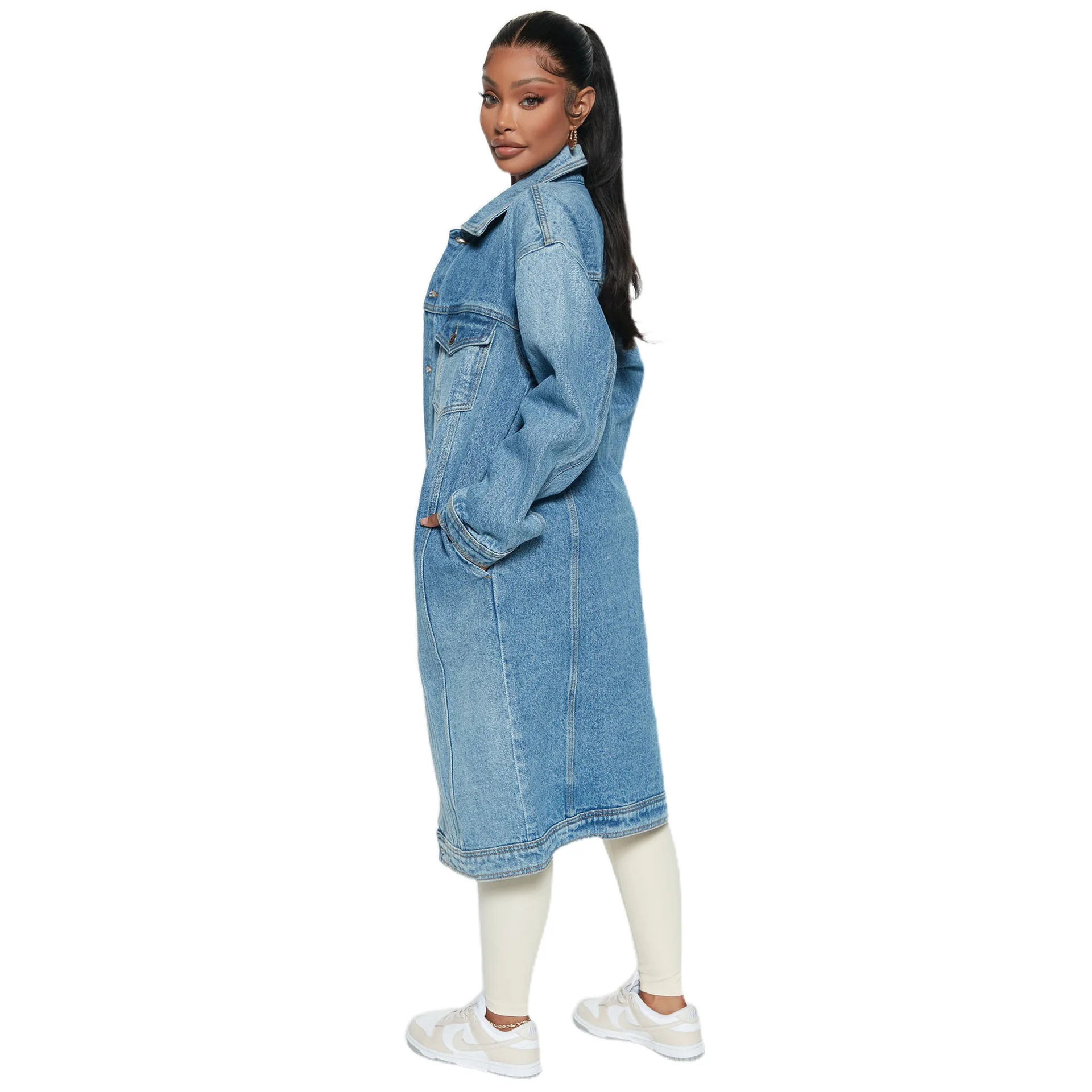 Women's Long Sleeved Denim Trench Coat, Fashionable Cardigan