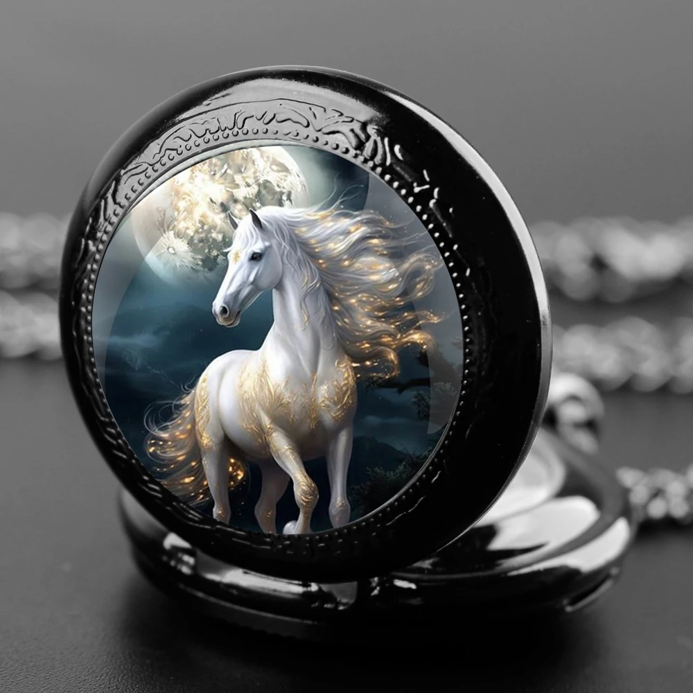 White Horse Design Glass Dome Quartz Pocket Watch With Durable Chain Arabic Numeral Dial For Men And Women Creative Gifts