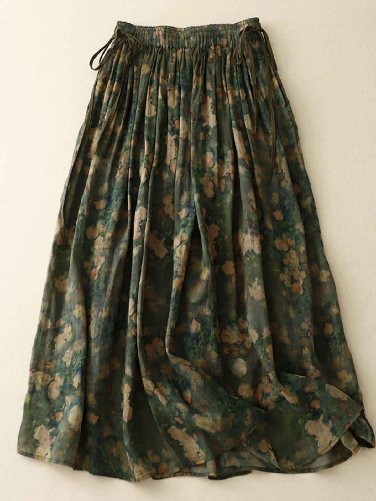 

Retro Heavyweight Cotton Linen Skirt with Large Print And Flounce High Waist Midi Skirt for Women Summer Artistic Floral Long...