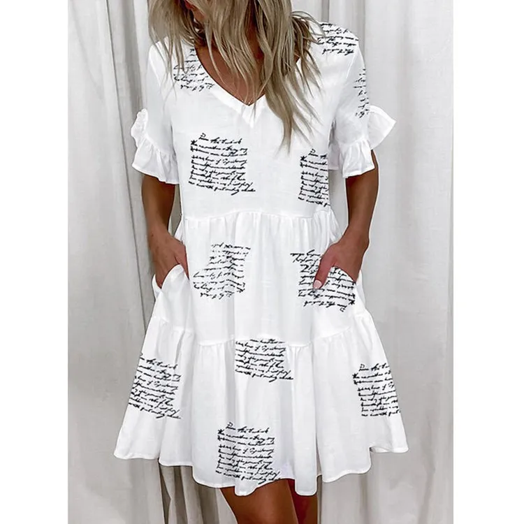 Women Summer Dress Casual V Neck Short Sleeve Butterfly Sleeve Floral Leaf Letter Print Mini Dresses Vestidos YSX9032