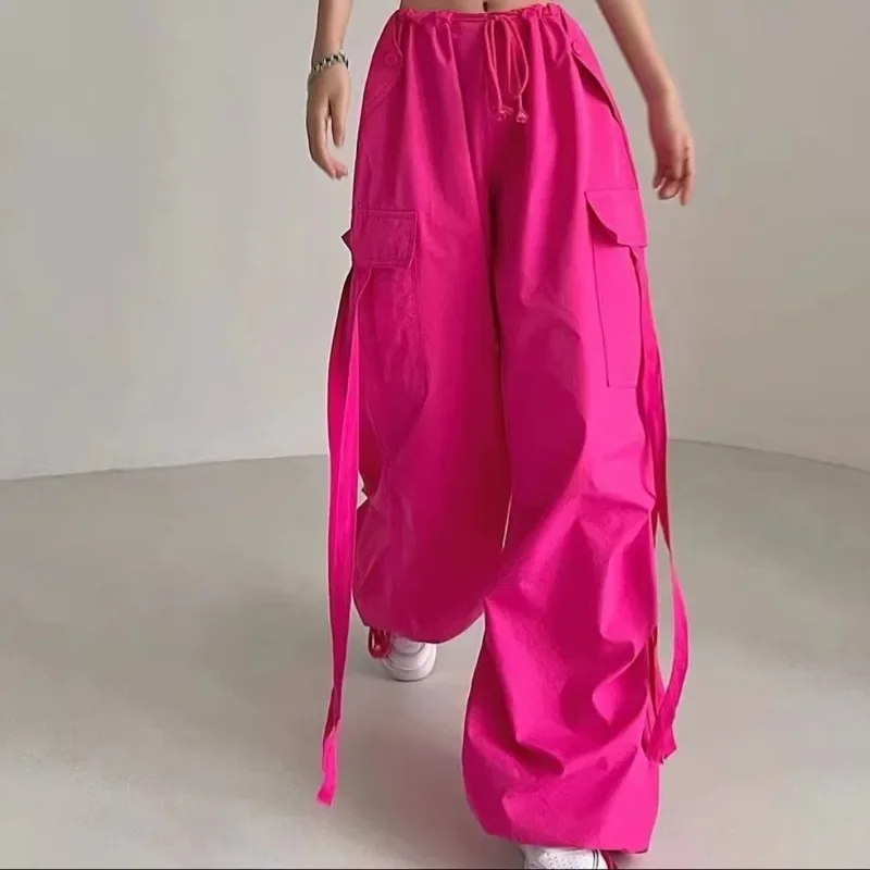 Korean Style Cargo Pants 2024 New Sweatpants Lace Up High Rise Chic Pink Casual Streetwear Womens Pants Y2k Pants Joggers Women