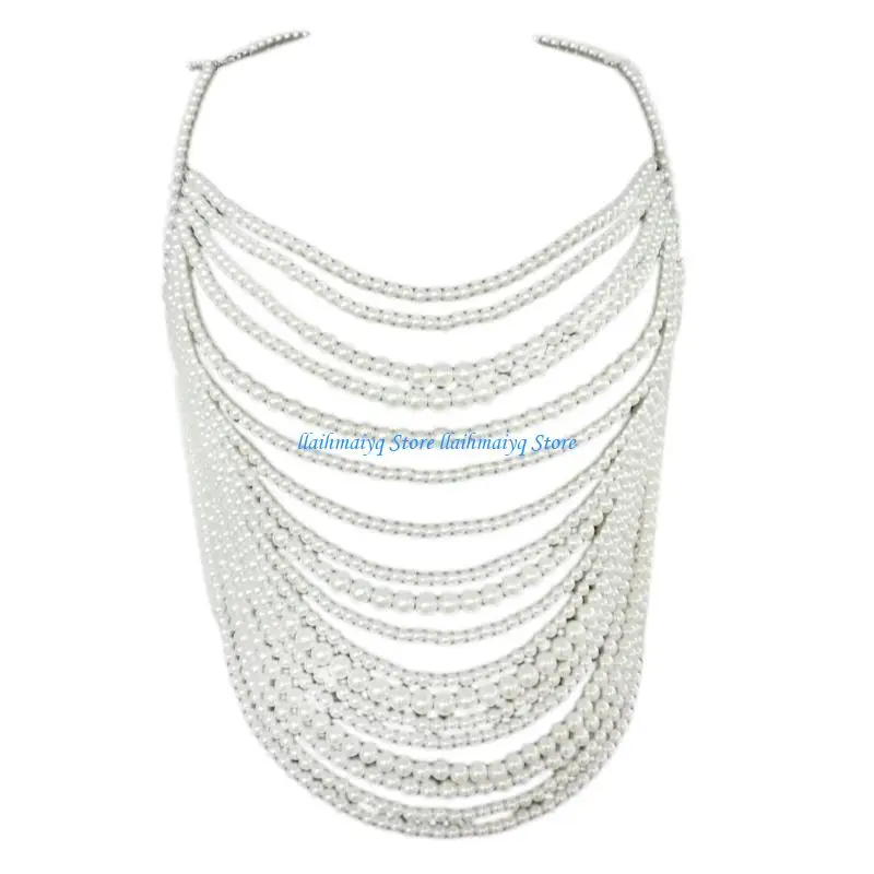 

573B Multilayer Imitation Pearl Beaded Body Chain Bralette Women Collar Shoulder Chest Harness Necklace Sexy Body Jewelry