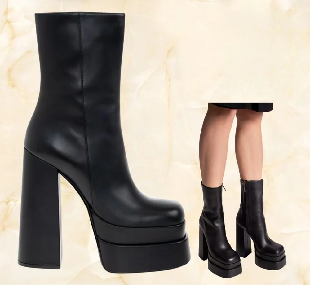

Casual Black Leather Chunky Block Heel Platform Mid-Calf Boots Urban Fashion Looks Oversized Sole Square Toe Side Zip Closure