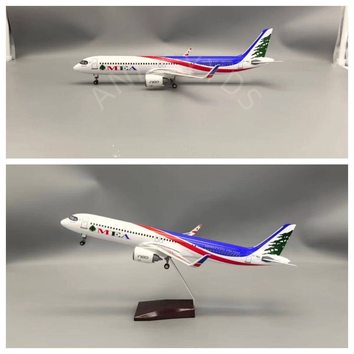 

1/100 Scale Plane A321neo MEA Middle East Airlines 44CM Resin Aircraft with LED Light(Touch or Sound Control) for Decoration