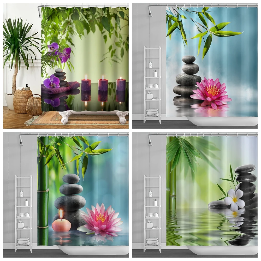 

Rural Landscape Creek Stone Lotus Buddha Shower Curtain Bathroom Curtain Frabic Waterproof Polyester Bathroom Curtain with Hooks