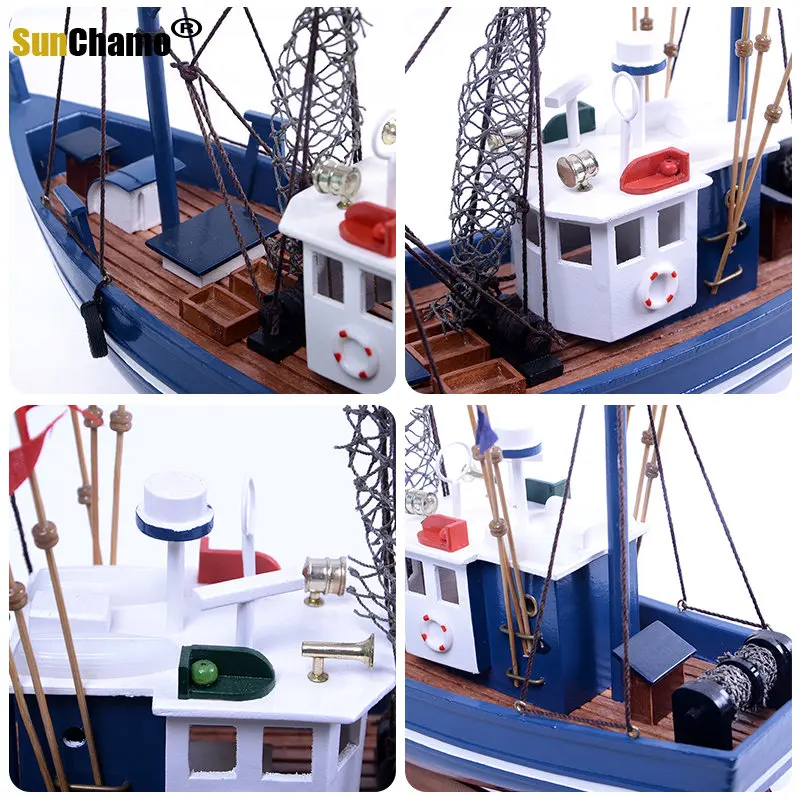 Sunchamo Mediterranean Fishing Model Simulation Ship Solid Wood Fish Home Decoration Wooden Craft Boat Living Room Decor Gifts