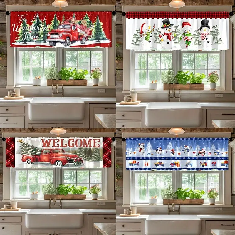 VIKAMA Christmas Window Valance Snowman Family Candle Lantern Short Curtain for Kitchen Bedroom Living Room Home Xmas Decor