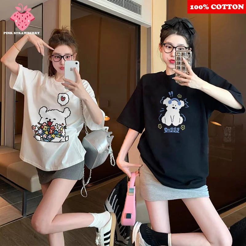 

100% Cotton Cute Dog White T-shirt Women's Summer 2025 New Loose Casual short sleeves Youth T-shirt dames Y2k Top kawaii clothes