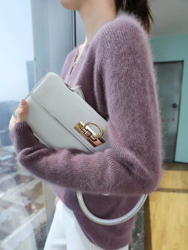 

TLOML Women's 100% Mink Cashmere Sweater V- Neck Solid Pullover Autumn Winter Soft Warm Long Sleeve Basic Casual Clothing Tops
