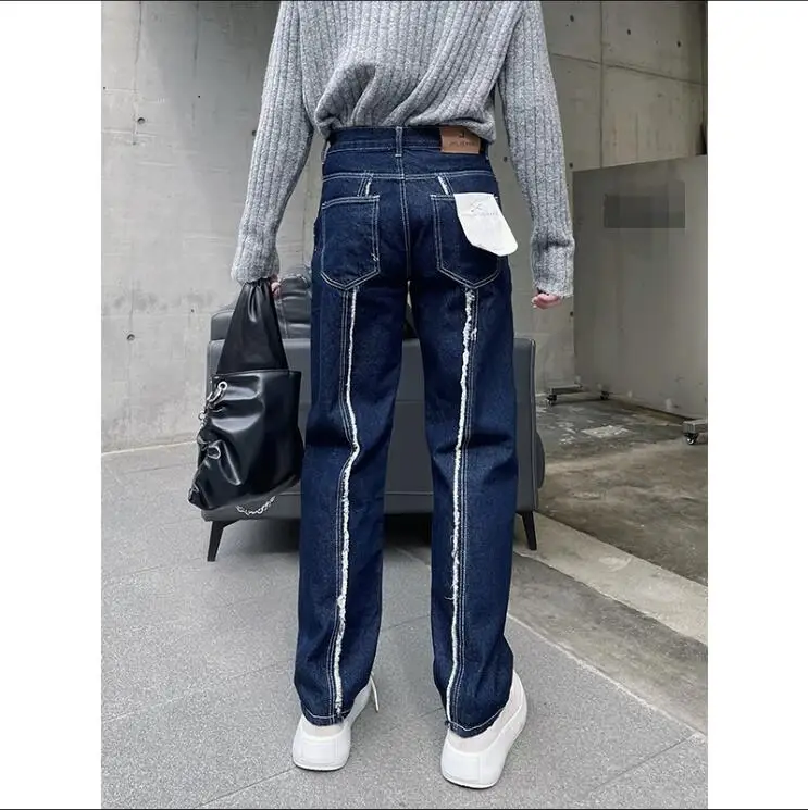 S-XL!2022 autumn/winter niche primary color wash with woollen edge jeans Male Korean version slim versatile casual straight pant