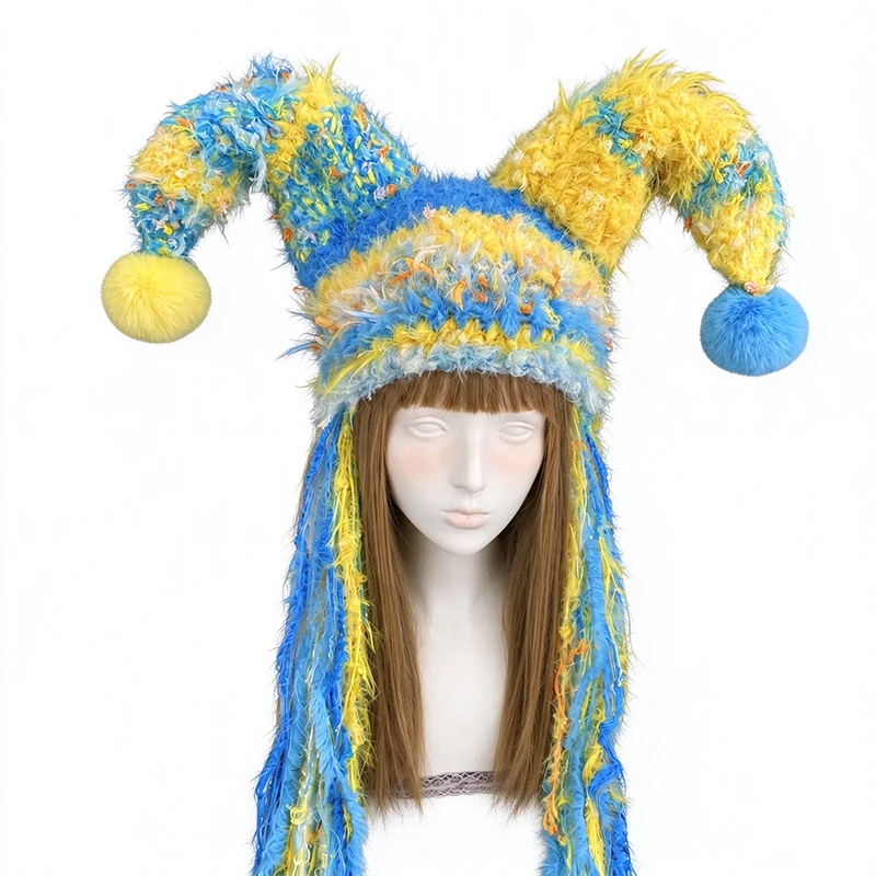 Handmade Blue Yellow Jester Clown Hat Women Winter Warm Custom Crochet Tassel Pom Knit Beanie Men Cosplay Carnival Festival Cap