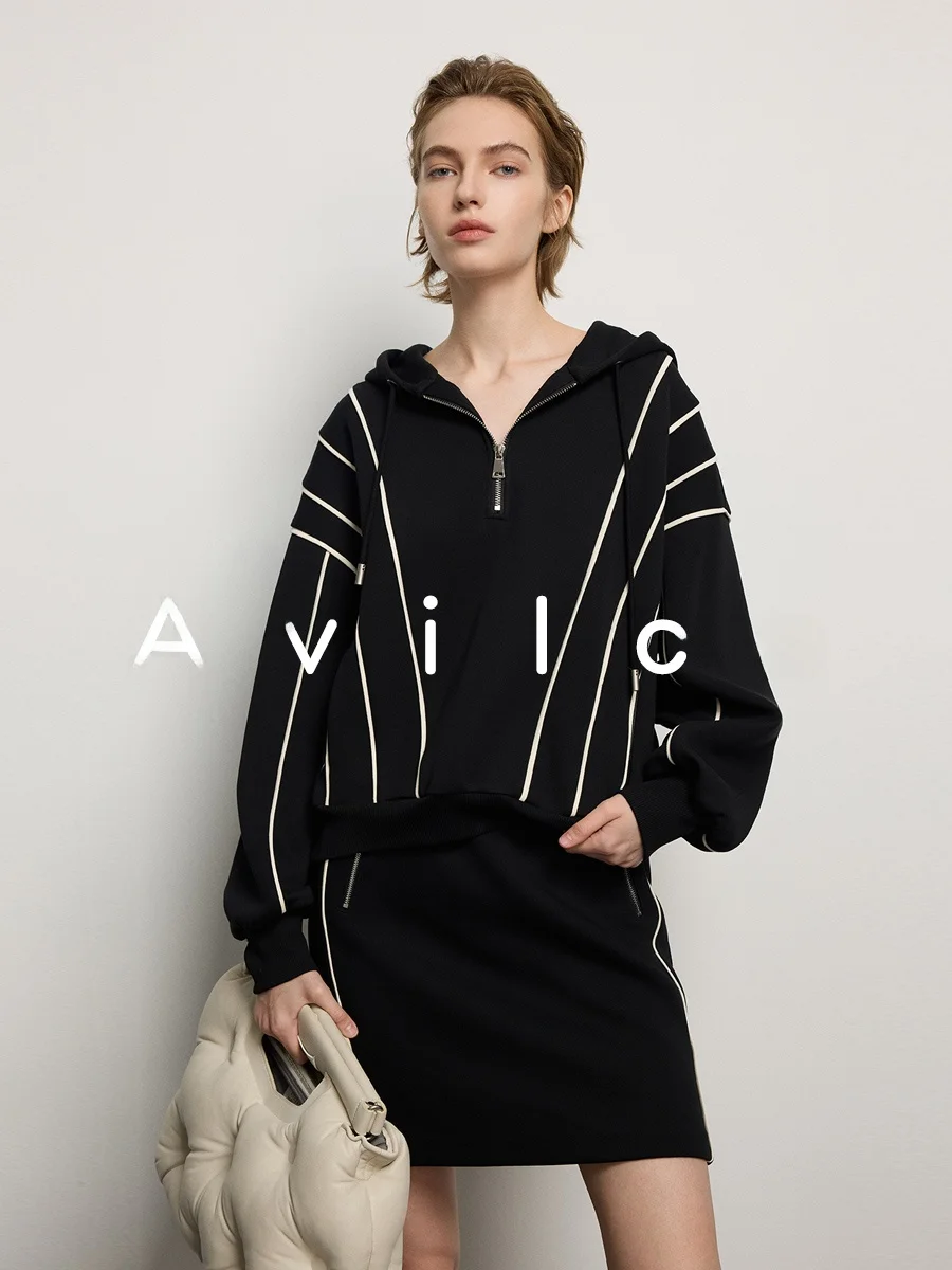 

Unique Design Bla White Contrast Color Hooded Coat Women's Luxury Lightweight Lazy Sle Warmth Outerwear Sweatirt