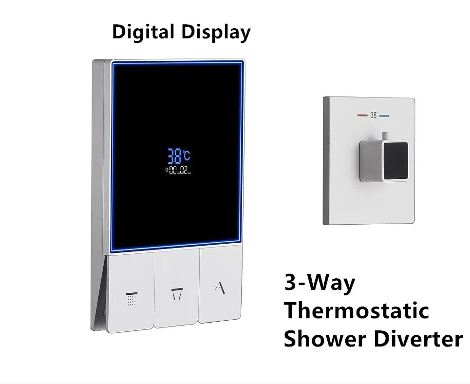 Newest White Solid Brass Concealed Thermostatic 3 Way Shower Diverter Mixing Valve with Smart Digital Temperature LED Display