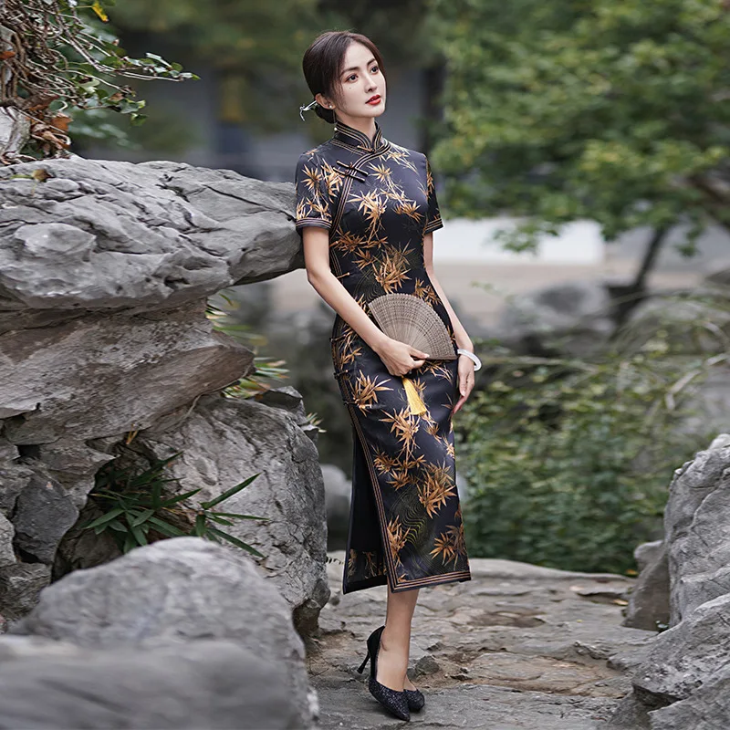 

Summer New High-End Silk Black Retro Chinese Style High Quality Real Silk Dress Improved Cheongsam Qipao for Women