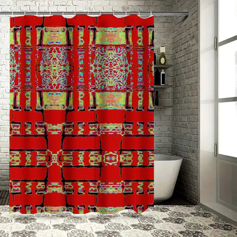 

Современный декор для ванной комнаты. Красная разноцветная занавеска для душа с геометрическим рисунком для зоны ванны в белых ванных комнатах. Идеальное дополнение к домашней ванне.