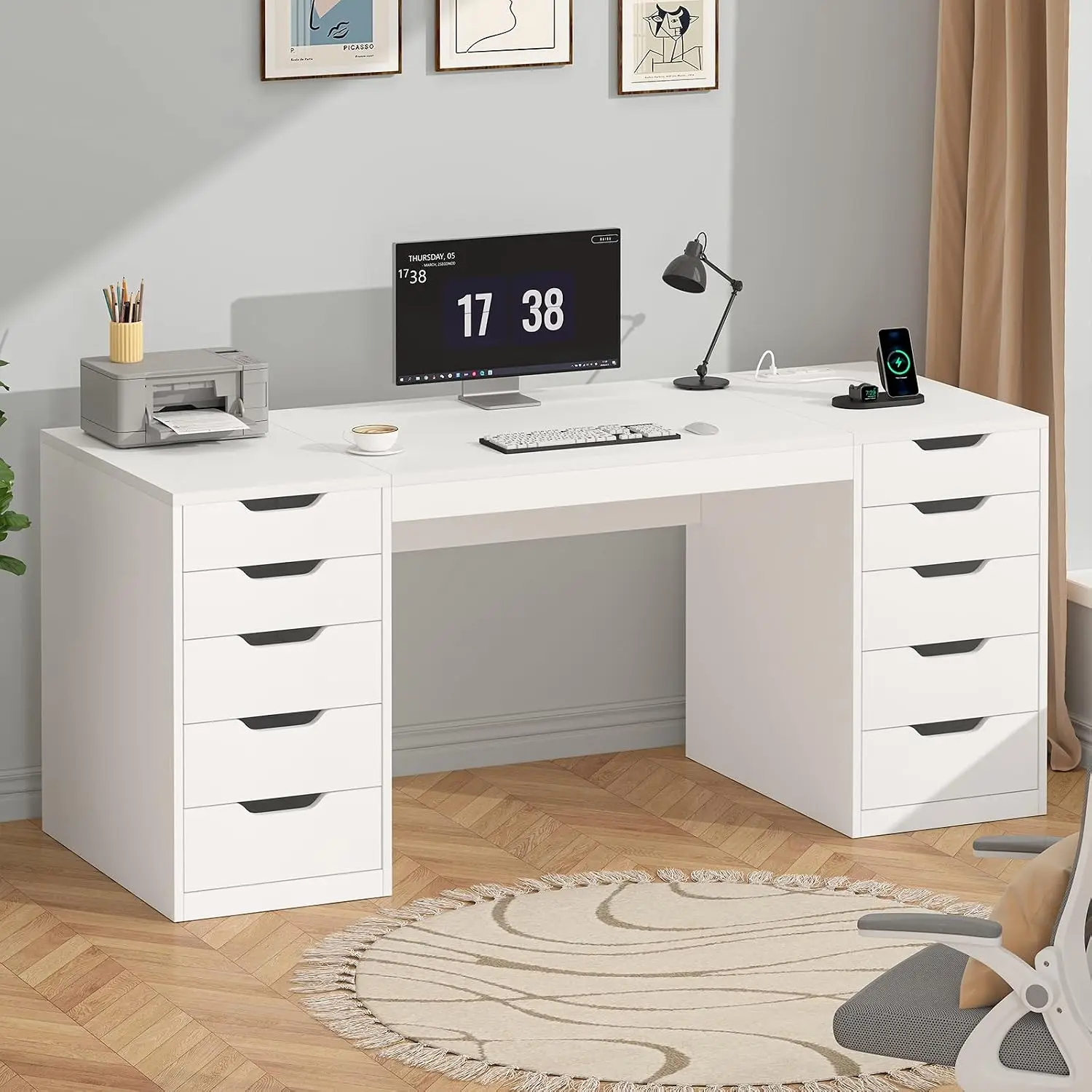 47 Inch Computer Desk 5 Drawers Power Outlets Small Space, Customized