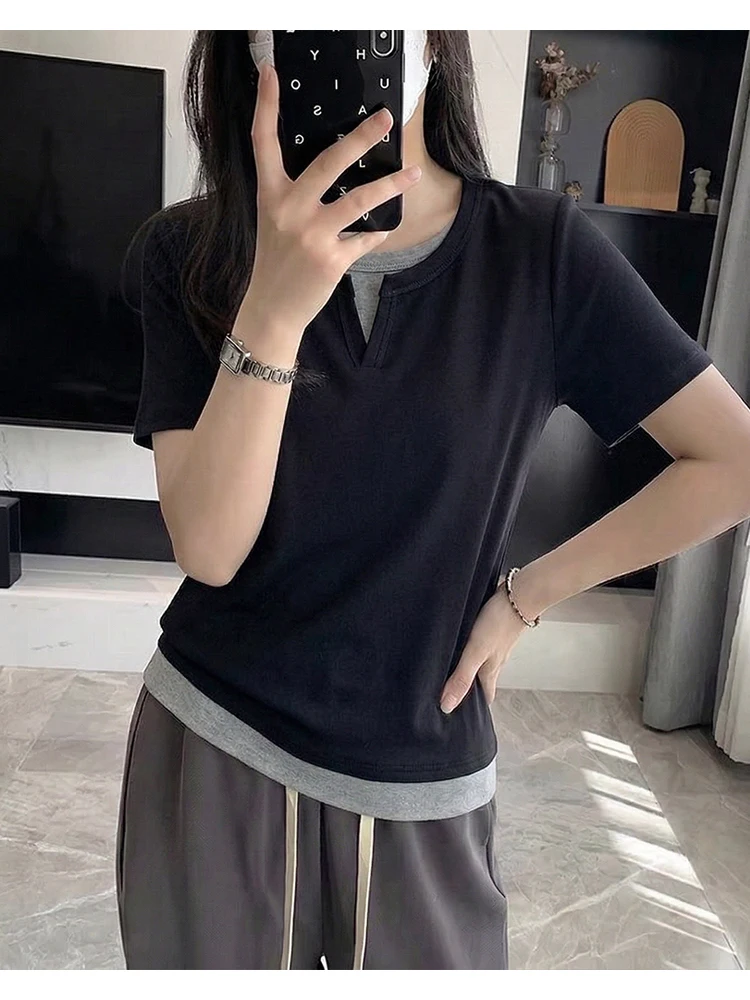 

Summer New Style Women's Trendy Color Block T-Shirt round Neck Short Sleeve Fake Two-Piece Slimming Versatile Color Top