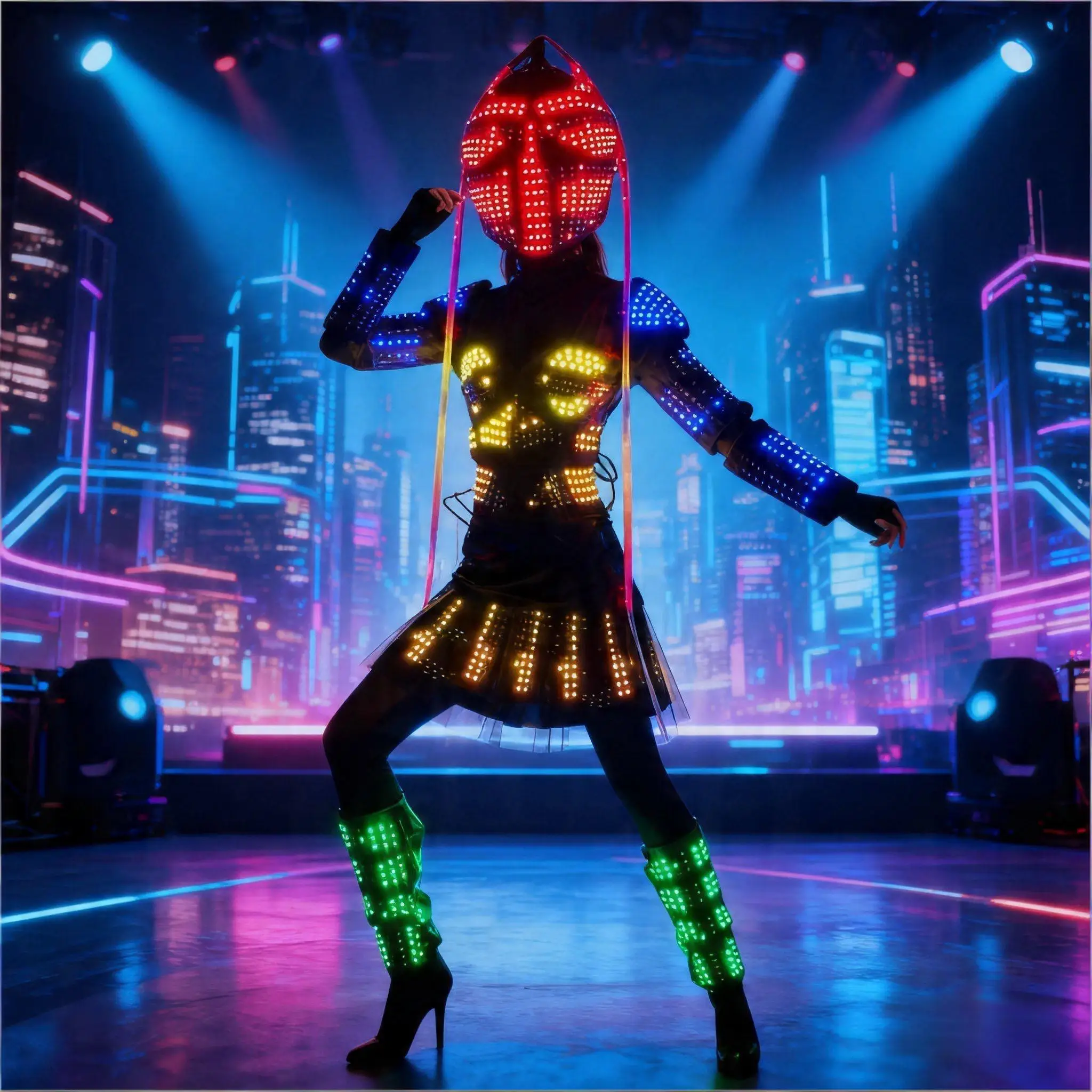 Women's LED Light-Up Robot Costume Helmet Electronic Dance Performance Suit for Rave Party Club Festival Wear