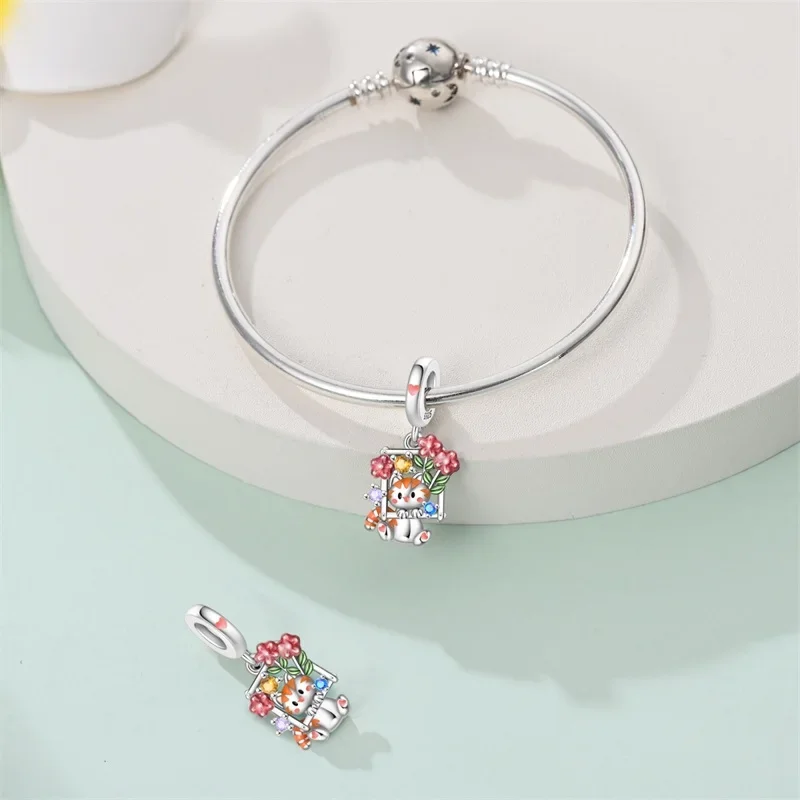 Springtime Flamingo Cactus Sunflower Animal Charms Beads Fit  DIY 925 Sterling Silver Original Bracelets Women Fine Jewelry Gift