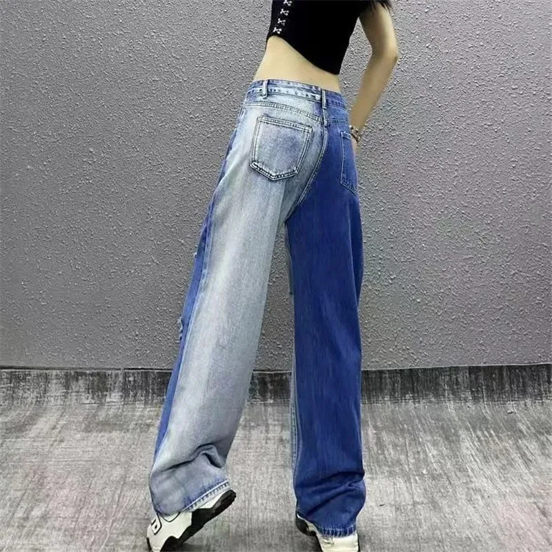 Womens Jeans High Waist Straight Contrast Color Patchwork Broken Holes Distressed Denim Pants 2025 Autumn New Fashion Pantalones